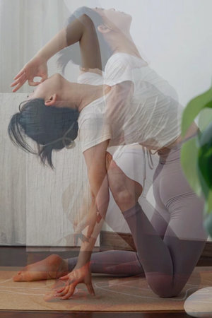 Attractive woman doing yoga at home in various posesの写真素材