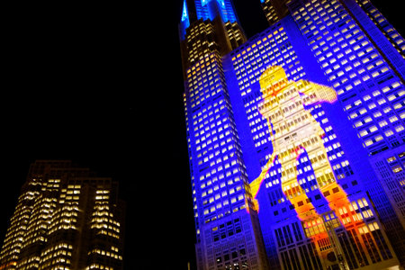 Tokyo, Japan, Shinjuku Metropolitan Government Building - January 8, 2025: Projection mapping of the...