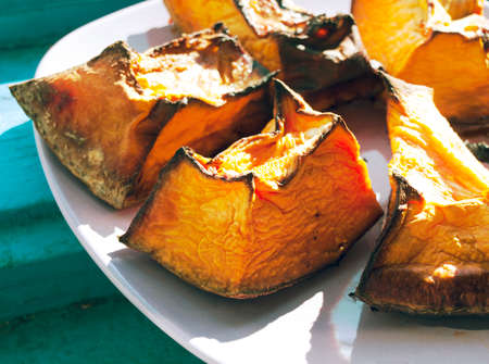 Closeup of baked pumpkin on plateの写真素材