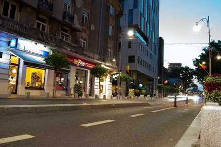 Bucharest, ROMANIA - June 27, 2015: Night street scene in Bucharest old city, on Victoriei Avenue- Calea Victoriei. BUCHAREST -June 27, 2015のeditorial素材