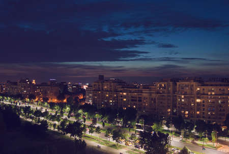 Bucharest, ROMANIA - June 09, 2015: Aerial view of Unirii Boulevard in Bucharest, Romania, by night. BUCHAREST -June 09, 2015のeditorial素材