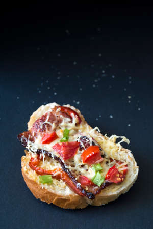 One home made gourmet bruschetta made of bacon, tomatoes, cheese and onion on black background with crumbs.の写真素材