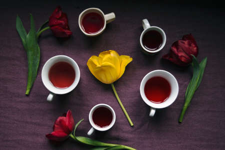 Cups of coffee surrounded by red tulips and yellow tulip in the middle. Top viewの写真素材