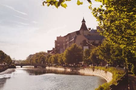 Bucharest, ROMANIA - April 22 2016: Dambovita river and bridge in Izvor area, near the Parliament building. BUCHAREST -April 22 2016のeditorial素材