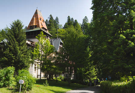 Sinaia, ROMANIA - June 18 2016: View of Pelisor Castle from the Romanian city of Sinaia. SINAIA -...