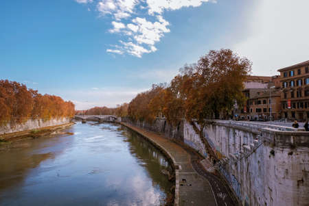 Tiber river, bridge and alleyways in Romeの写真素材