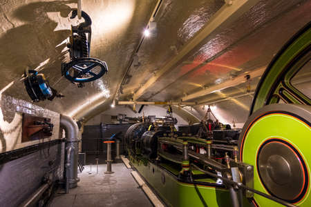 Wide view of Victorian Engine Rooms inside the Tower Bridge. The engines here once used to power...