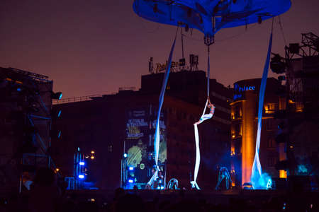 Sonics in Wish performance at Street Theater Festival in Bucharest. Blindfolded dancers climbing the ropeのeditorial素材