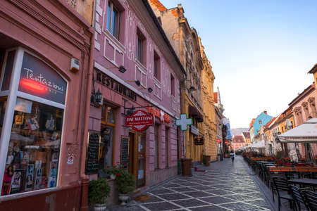 Empty terraces and shops in the historic center of Brasov