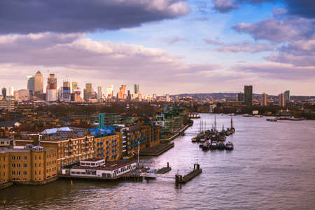 London skyline in sunset light. View towards the docklandsの写真素材