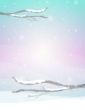 Abstract winter landscape with falling snow and empty branches on a soft mint green and light purple background.のイラスト素材