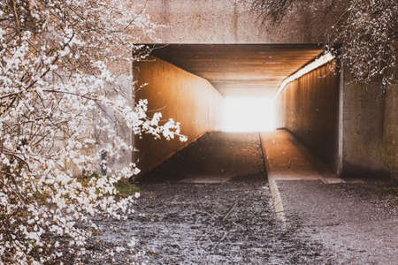 Light at the end of the tunnel concept. Industrial vintage scene