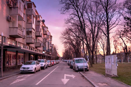 Bucharest, Romania - February 24 2019: Street in the neighborhood Floreasca on a winter day in...