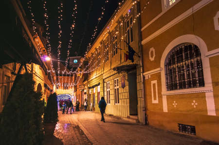 Brasov, Romania - November 07, 2017: Streets in Brasov city center decorated with Christmas lights.のeditorial素材