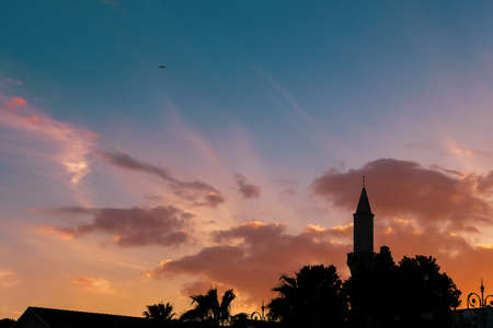 Silhouette of Buyuk Cami Mosque and palm trees against colorful sky at sunset. Larnaca, Cyprusの写真素材