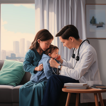 Doctor listening breathing of a child with a stethoscope on a sofa in the living room for home consultation. Mother sitting with her kid, a medical worker can check his conditionの素材