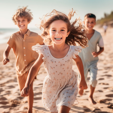 Portrait of adorable little girls and boys while running together on sandy beach. Carefree sibling brothers and sisters having fun during summer beach vacation with their familyの素材