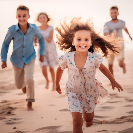Portrait of adorable little girls and boys while running together on sandy beach. Carefree sibling brothers and sisters having fun during summer beach vacation with their familyの素材