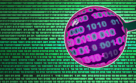 binary code enlarged with a magnifier visible in pink color as a graphic imageの写真素材
