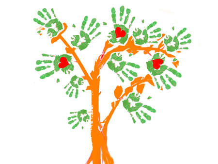 an abstract tree with the leafs in the form of palmprints and some red hearts inside them.の写真素材
