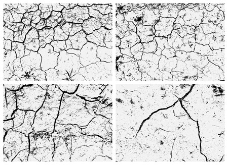 Set of cracked earth textures. Black and white texture. Cracks on the surface of dry soil. Structure of cracked ground.のイラスト素材