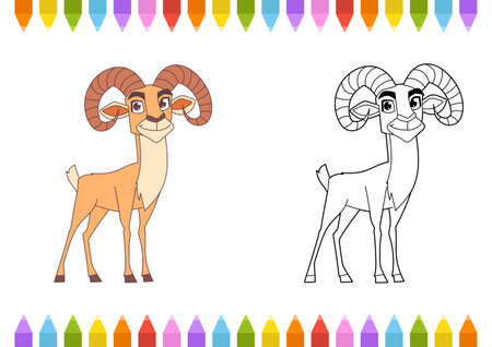 Ram coloring page: One side is colored and the other is a black and white image, all surrounded by colored pencils at the top and bottom.のイラスト素材