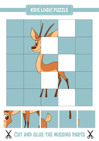 Cartoon antelope puzzle. Kids logic game to cut and glue. Educational activity for children. Simple drawing.のイラスト素材