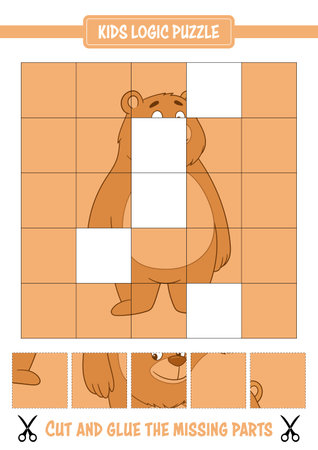 Bear puzzle for kids: Cut and glue the parts into the grid to complete the full bear cartoon image.のイラスト素材