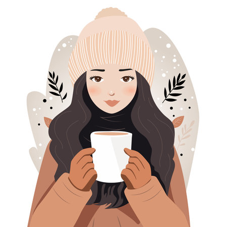 A woman in winter or autumn clothes holds a mug. A girl drinks a hot drink on the street. Autumn conceptのイラスト素材