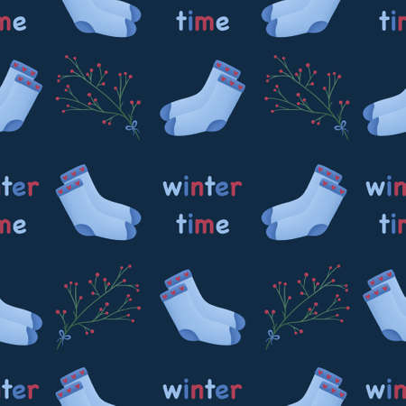 winter pattern with christmas socks and twigの写真素材