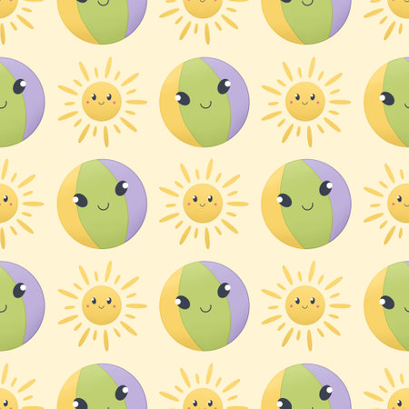 cute children's summer pattern - a ball and a sun on a yellow backgroundの写真素材