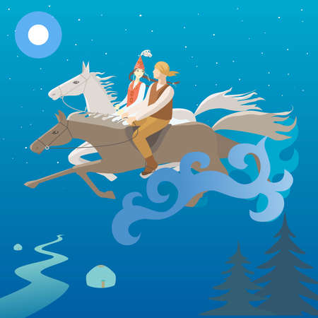Postcard to the day of lovers in Kazakhstan. April 15. Kazakh boy and girl are riding horses in the sky. Legend of Kozy-Korpesh and Bayan-Sulu.のイラスト素材