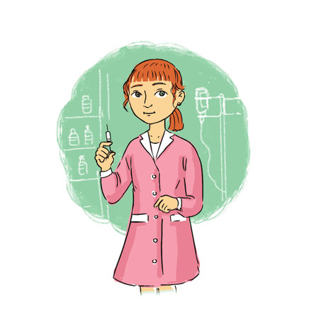 Nurse prepares a syringe. Cartoon styleのイラスト素材