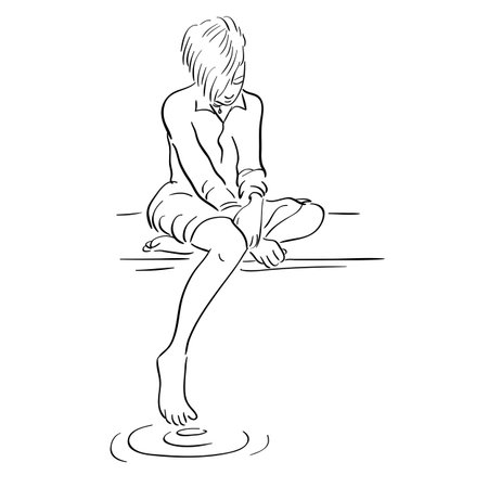 Hand drawn illustration. Sad young girl sitting barefoot by the pond.のイラスト素材