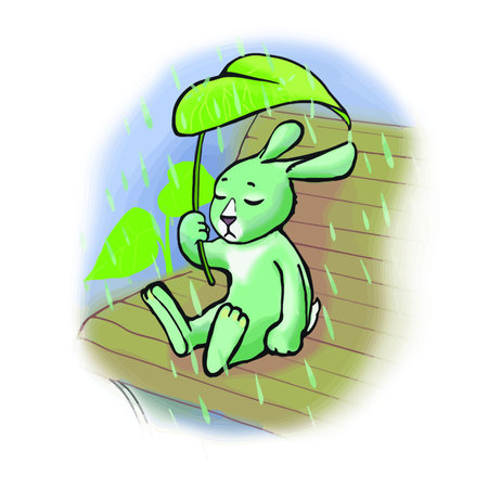 Illustration for children. A sad hare sits on a bench in the rain and holds a leaf like an umbrella.のイラスト素材