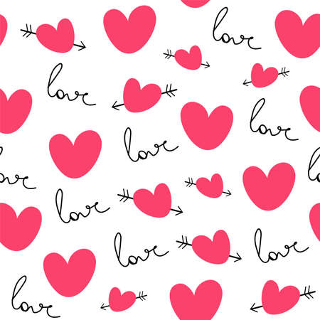 Seamless pattern red hearts and love inscriptionsのイラスト素材