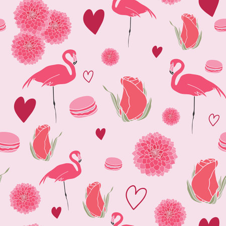 Vector flowers and flamingo pattern background. Perfect for fabric, scrapbooking, wallpaper projectsのイラスト素材