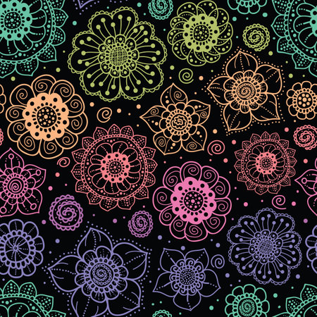 Vector rainbow handdrawn flowers pattern background. Perfect for fabric, scrapbooking, wallpaper projectsのイラスト素材