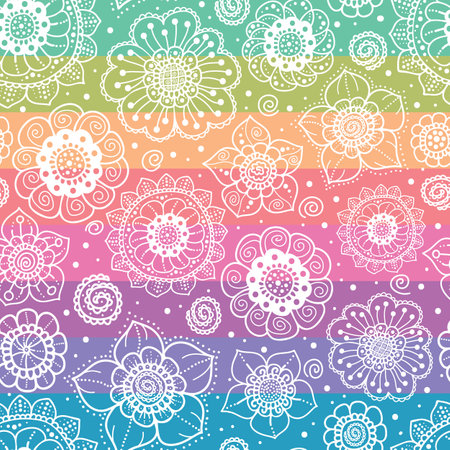 Vector rainbow handdrawn flowers pattern background. Perfect for fabric, scrapbooking, wallpaper projectsのイラスト素材