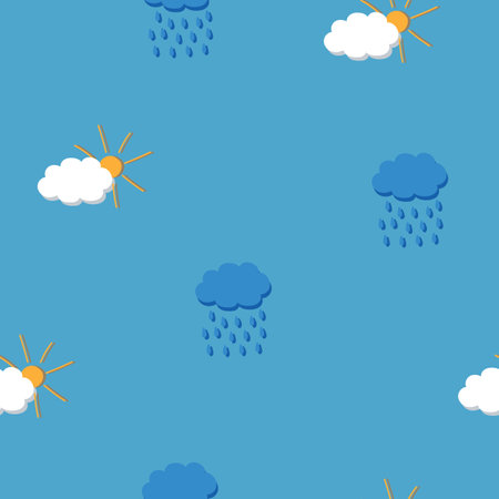 Vector blue sky with clouds, sun and rain pattern background.のイラスト素材