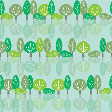 Vector green trees with silhouettes repeating pattern background.のイラスト素材