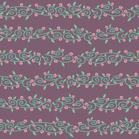 Vector green branches with leaves and flowers repeating pattern background.のイラスト素材