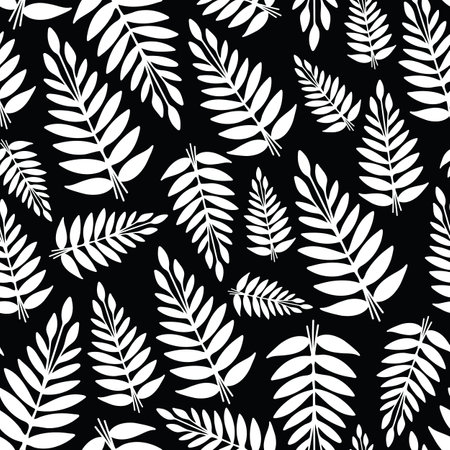 Vector abstract black and white tropic leaves repeating pattern background.のイラスト素材