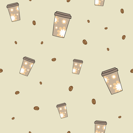 Vector abstract coffee cups and beans repeating pattern background.のイラスト素材