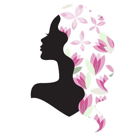 silhouette of the nice girl with beautiful hair and flowersのイラスト素材