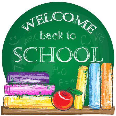 Vector illustration. Welcome back to school background with colored books and red appleのイラスト素材