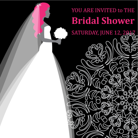 Vector fashion illustration of a young bride holding flowers. Bridal Shower. Wedding invitation for your designのイラスト素材