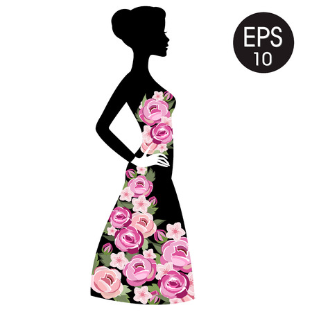 Stock Woman Flowered Silhouette in black dress. Woman black profile for your designのイラスト素材