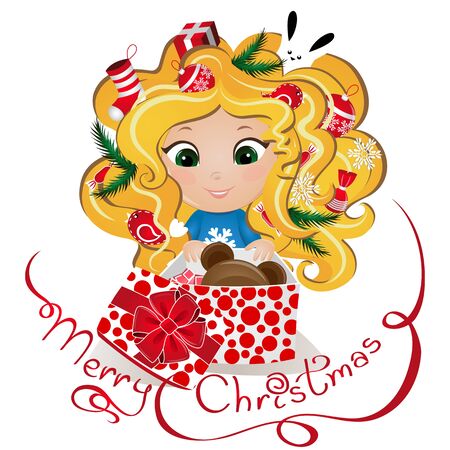 Cute ginger girl with Christmas presents. New Year background. Greeting Card for your designのイラスト素材