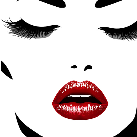 Womans face. Vectorillustration. Realistic red lips ann chic eyelashesのイラスト素材